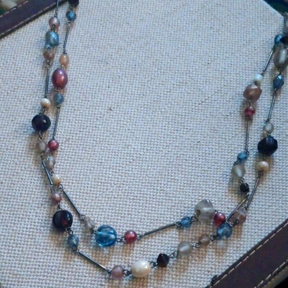 Vintage 15" Double Strand Glass Beads With Metal Necklace Like New